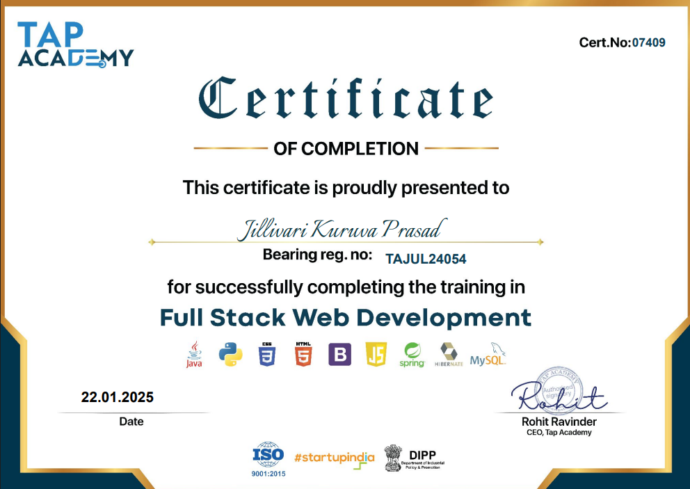 Java Full Stack Certificate